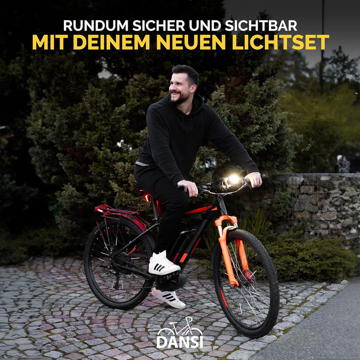 DANSI Fahrradleuchten-Set StVZO I LED-Fahrradlicht I Rad-Licht hell vorne 60/30/15 Lux, Akku-Leuchte