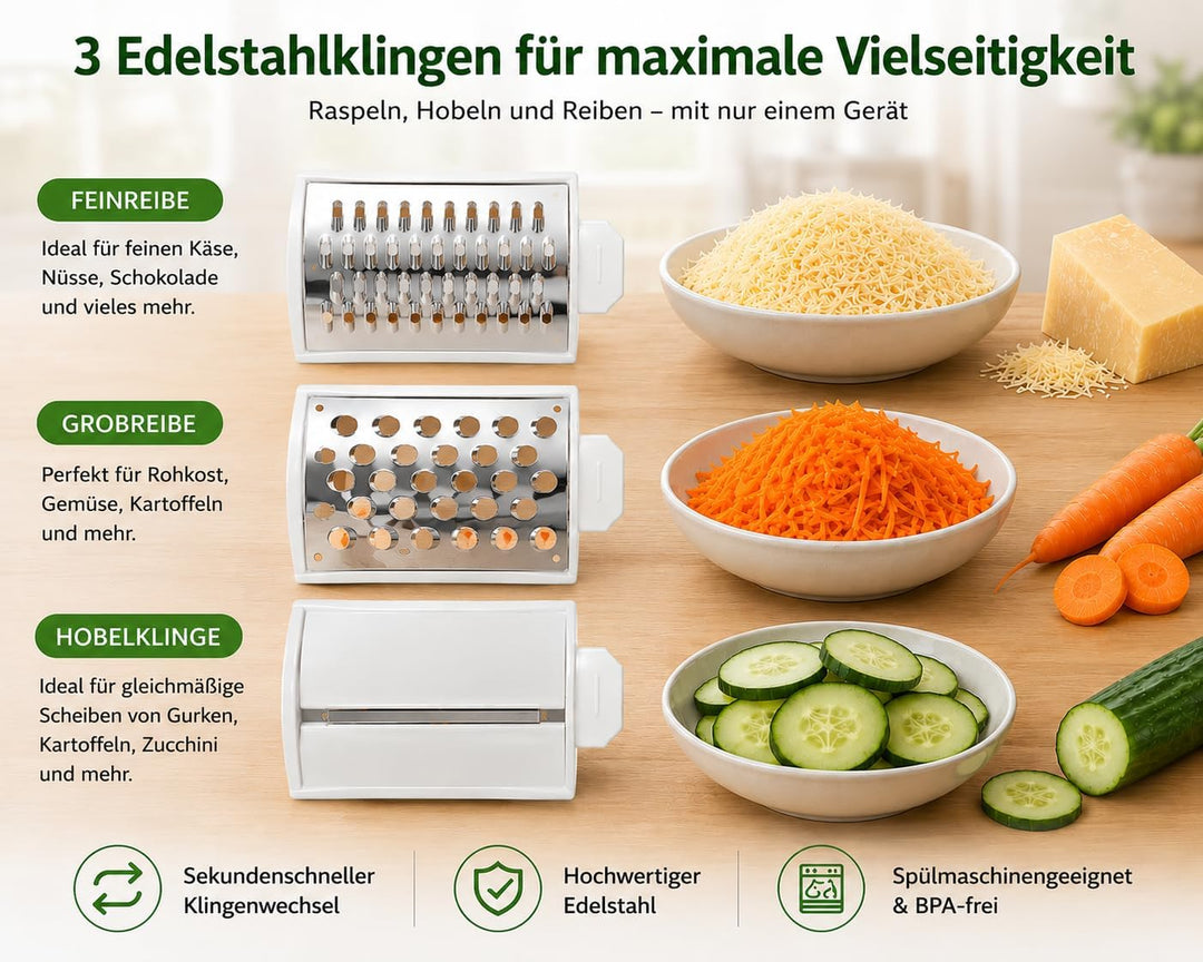 SPECTA Gemüsereibe, 3-in-1 Gemüseschneider, Trommelreibe, Gemüsehobel, Käsereibe, XXL Einfüllschacht