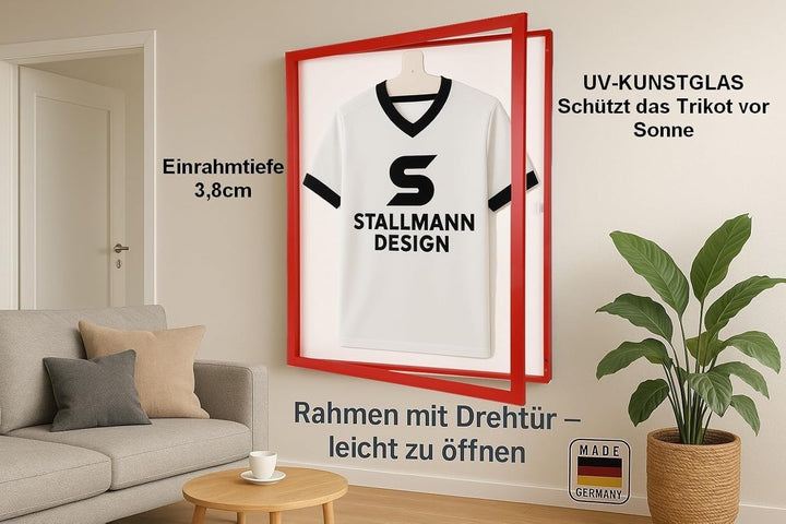 Trikotrahmen mit Drehtür – 'Rot' - Rückwand Weiss | Grösse: 90x70cm - von vorne bestückbar - stabile
