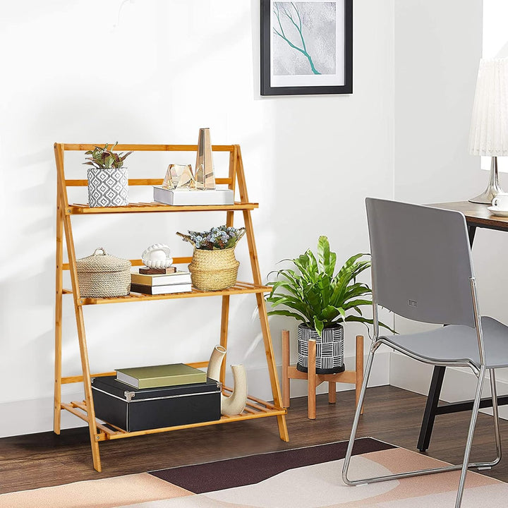 GOPLUS 3 Ebenen Blumenregal Bambus, klappbares Pflanzenregal, Blumentreppe, Blumenständer, Blumenlei