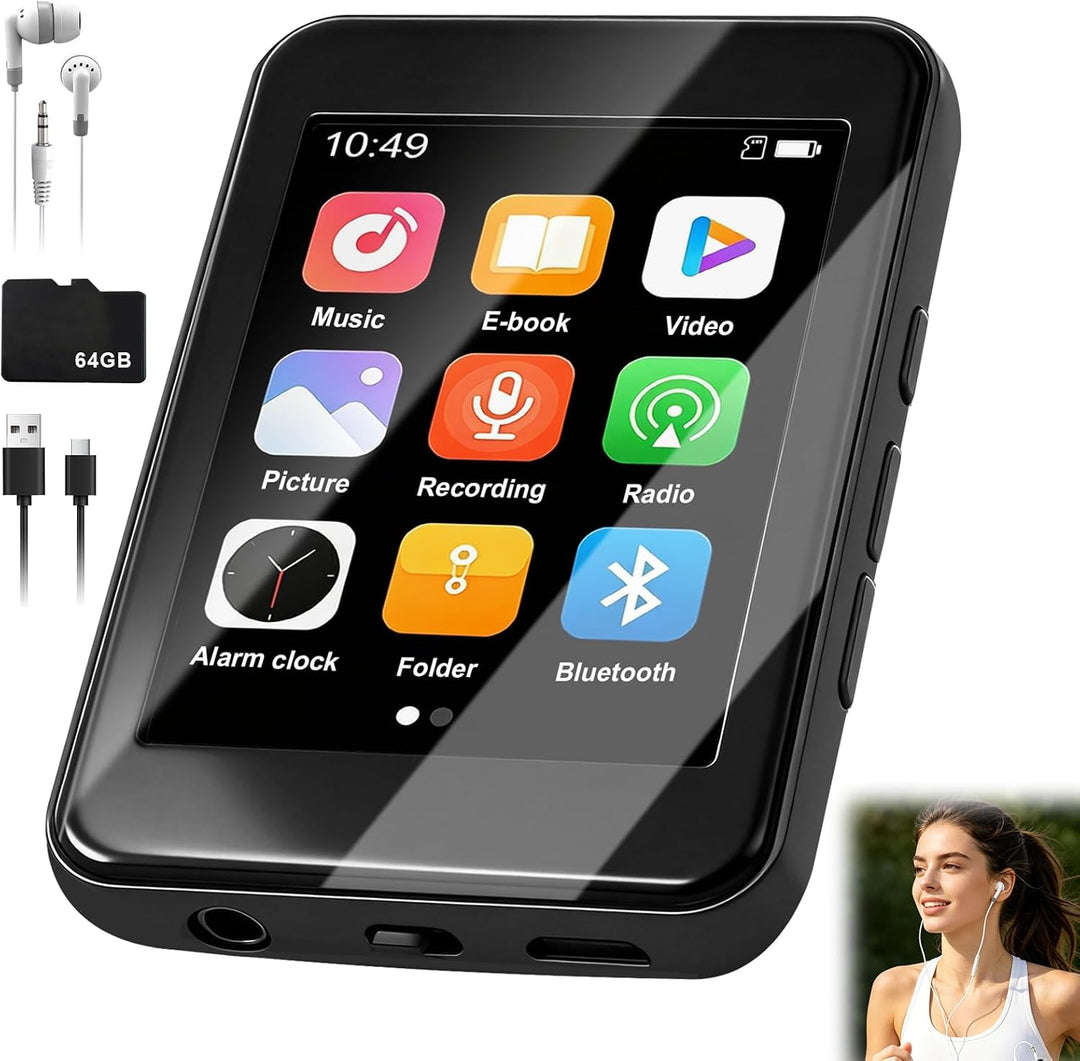 MP4 Player 64 GB, Bluetooth 5.3 2,4 Zoll Touchscreen Tragbarer MP4-Player