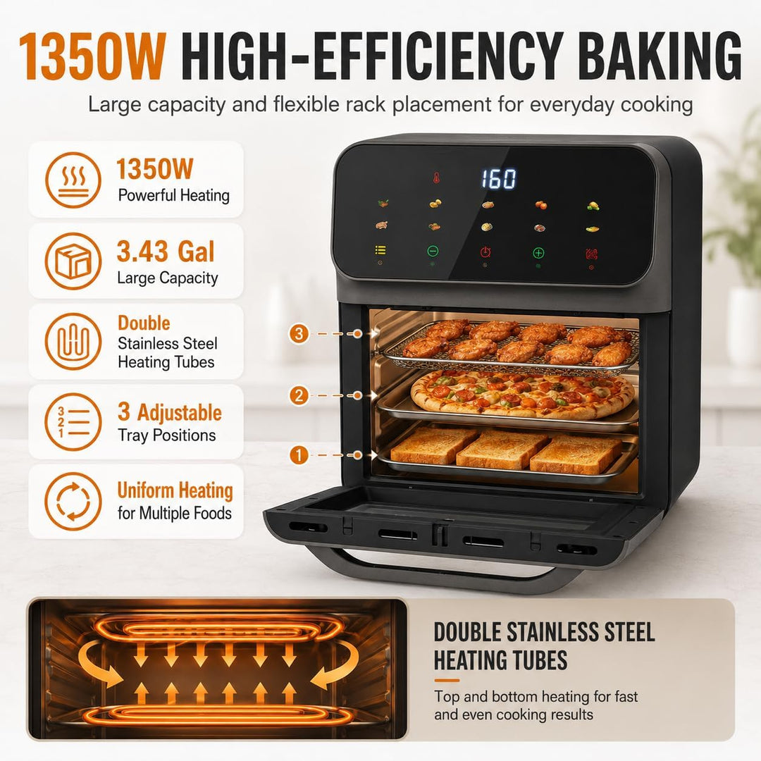 Mini Backofen 13 Liter, 1350W Elektrobackofen LCD-Touchscreen Minibackofen mit 15-60 min. Timer, Hei