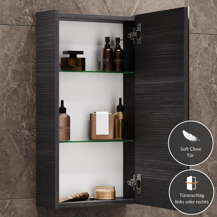 Planetmöbel Spiegelschrank in Anthrazit, Badmöbel für Badezimmer oder Gäste WC, 4 Fächer, Soft-Close
