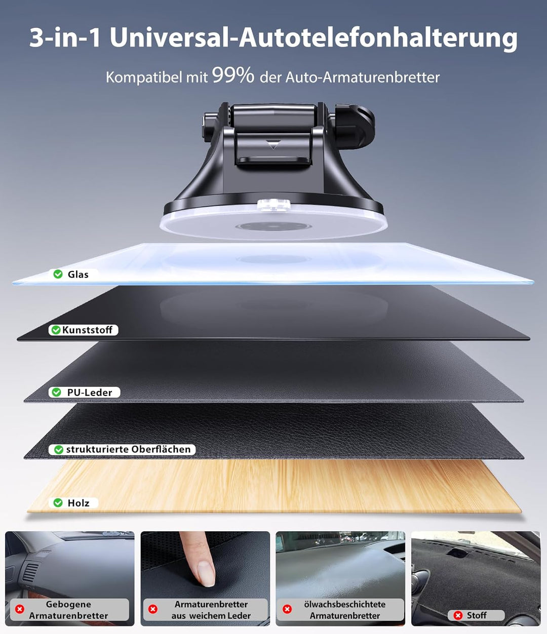 Miracase 2025 Handyhalterung Auto【Upgrade Doppelhaken & Rüttelfester Saugnapf】 4 in 1 Handy Halterun