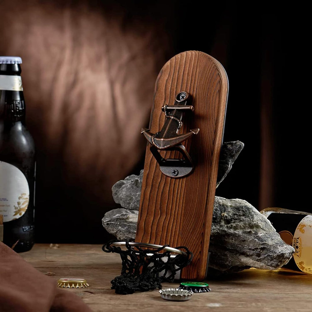 ZONSUSE Flaschenöffner Wand Magnet mit Auffangbehälter,Vintage Holz Bieröffner Wand mit Behälter,Mag