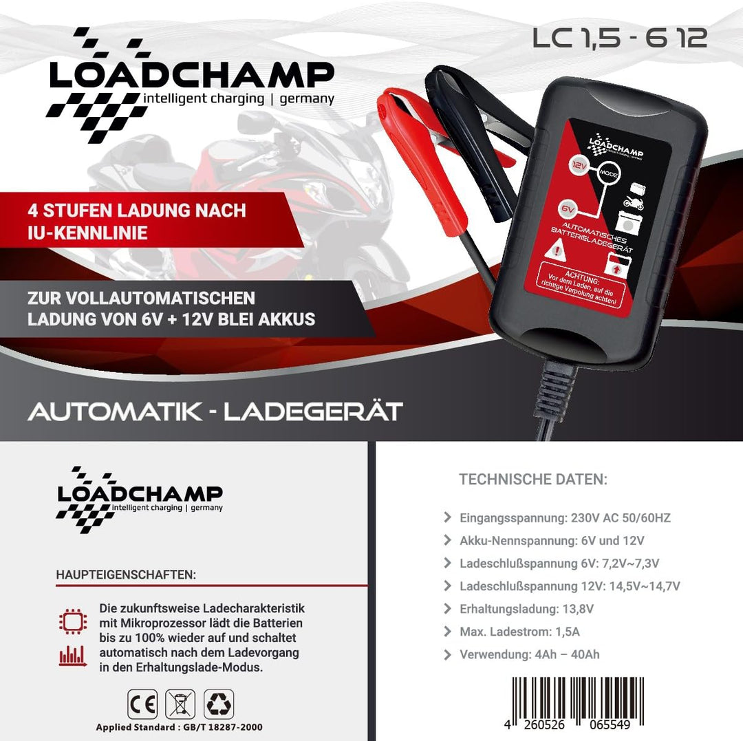 Loadchamp Automatik 6V 12V 1,5A (1500mAh) Batterie Ladegerät Blei Akku Motorrad KFZ NASS AGM Gel