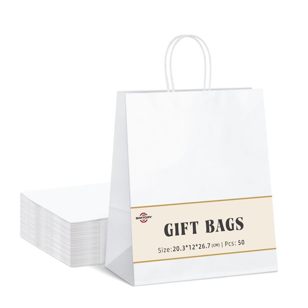 Switory 50 Stück Kraft Papiertüte mit Griffen, weisse Papiertüten mit Henkel, Geschenktüten für Part