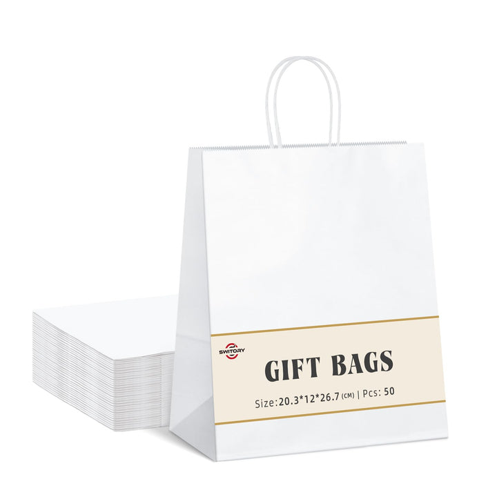 Switory 50 Stück Kraft Papiertüte mit Griffen, weisse Papiertüten mit Henkel, Geschenktüten für Part