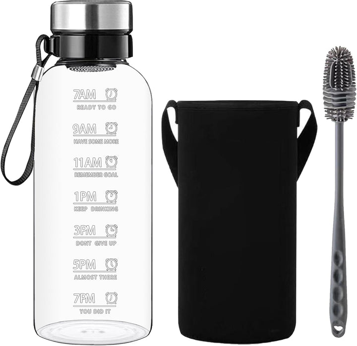 RNCKUUE 2 Liter Glasflasche, 2l Glas Trinkflasche, Wasserflasche Glas mit Sieb, Neoprenhülle, Flasch