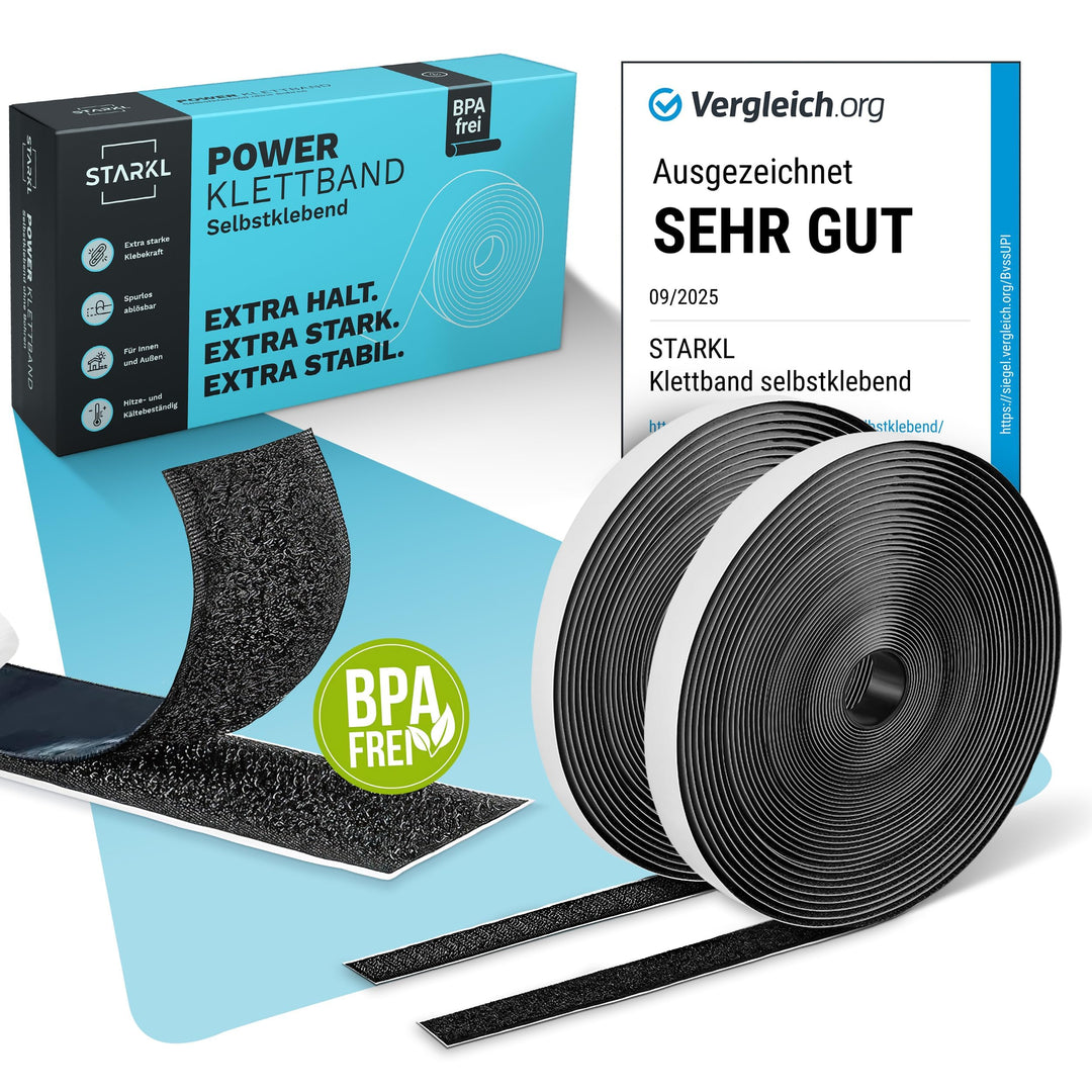 STARKL® Premium Klettband selbstklebend Extra Stark (Schwarz) I 25m x 20mm Klettverschluss selbstkle