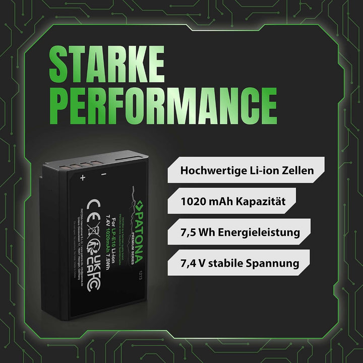 PATONA 2X Premium Akku LP-E10 1020mAh Ersatz für Canon LPE10 LP E10 | Kompatibel mit EOS 1100D 1200D