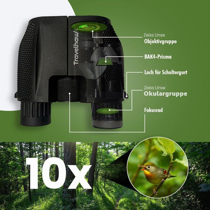 Fernglas 10x25 HD - Kompakte Fernglas für Brillenträger, Erwachsene und Kinder, Feldstecher BAK4 Pri
