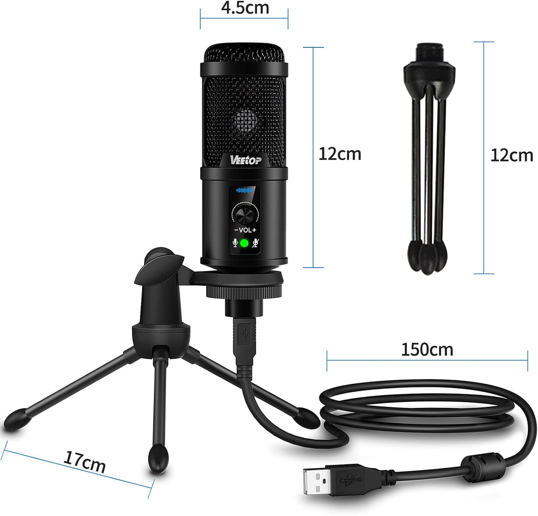 Veetop USB Mikrofon PC Microphone mit hochqualitativer 192 kHz 24 Bit Abtastrate Standmikrofon Konde