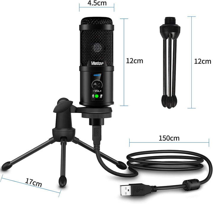Veetop USB Mikrofon PC Microphone mit hochqualitativer 192 kHz 24 Bit Abtastrate Standmikrofon Konde