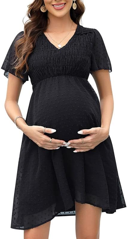 Clearlove Damen Schwangerschaftskleid aus Schweizer Pünktchen-Chiffon mit kurzen Ärmeln für den Somm