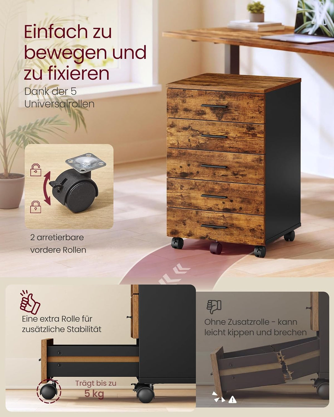 VASAGLE Rollcontainer, mobiler Aktenschrank, Schubladenschrank, Druckerständer mit 5 Schubladen, mit