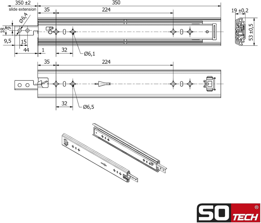 1 Paar SOTECH Schwerlastauszüge VarioSlide KV2-100-H53-L350-EH 350 mm mit Lock-in/out Einrastfunktio