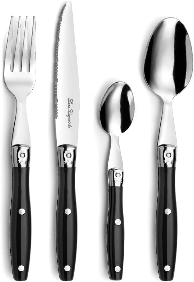 Lou Laguiole Steakbesteck | Steakmesser Set 24-teilig | Besteck für 6 Personen | Schwarz | Wellensch