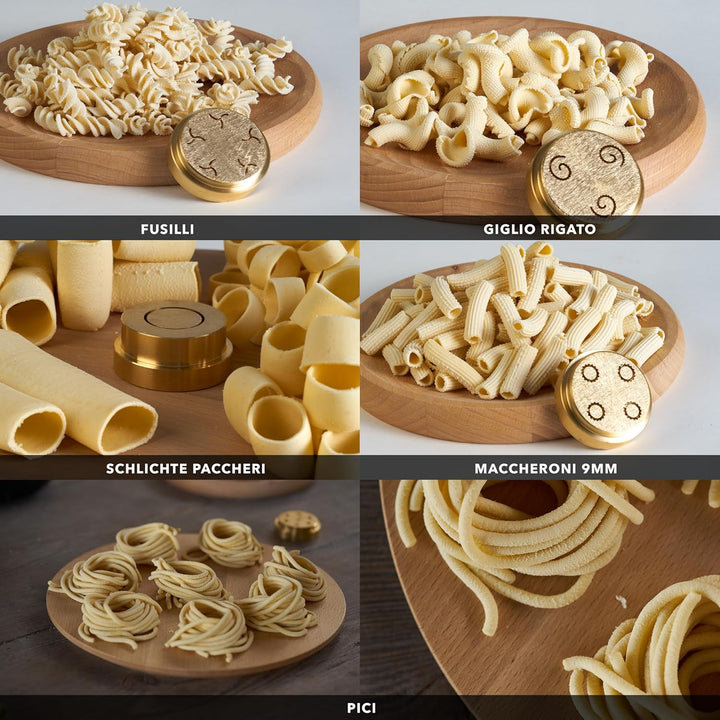 PASTAIO | Pasta-Maker mit doppelter Ausführung und 5 Formen in Bronze. Nudelmaschine, bis zu 800 g P