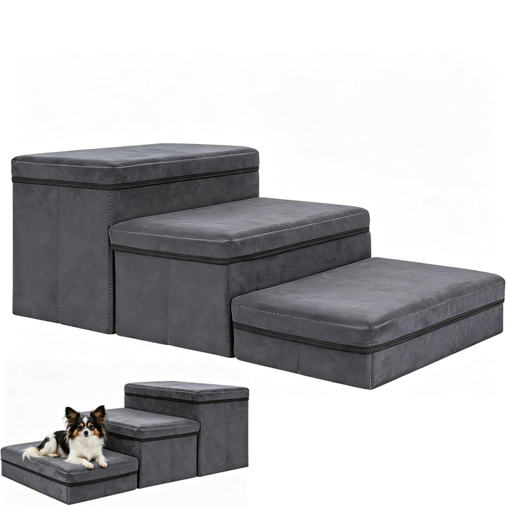 Hundetreppe mit Stauraum, faltbar, 3 Stufen, rutschfeste breite Hunderampe, Haustiertreppe für Bett