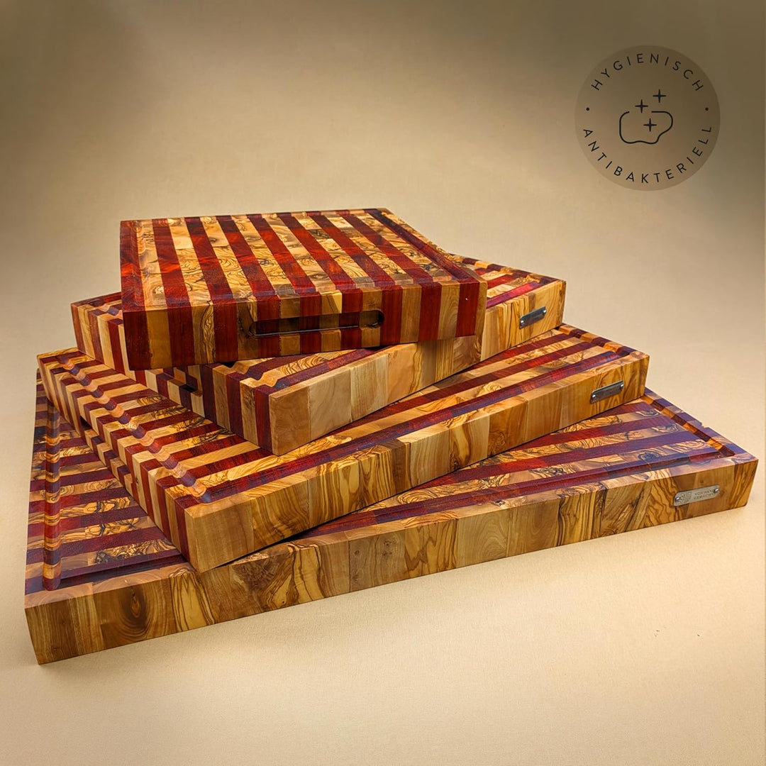 DAS OLIVENHOLZBRETT® Exklusives Mosaik & Stripes Schneidebrett Mit Saftrille - Luxus Hirnholzbrett A