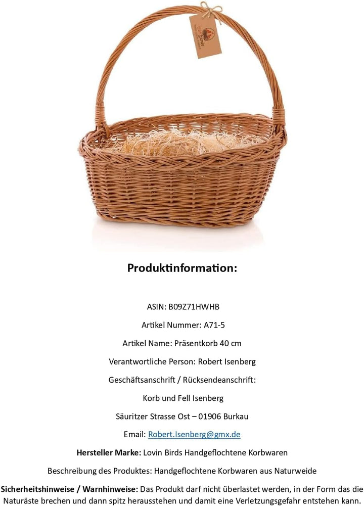 Lovinbirds Geschenkkorb Präsentkorb mit Gratis Holzwolle Henkel leer Weide Gross 40 cm unsere Grösse