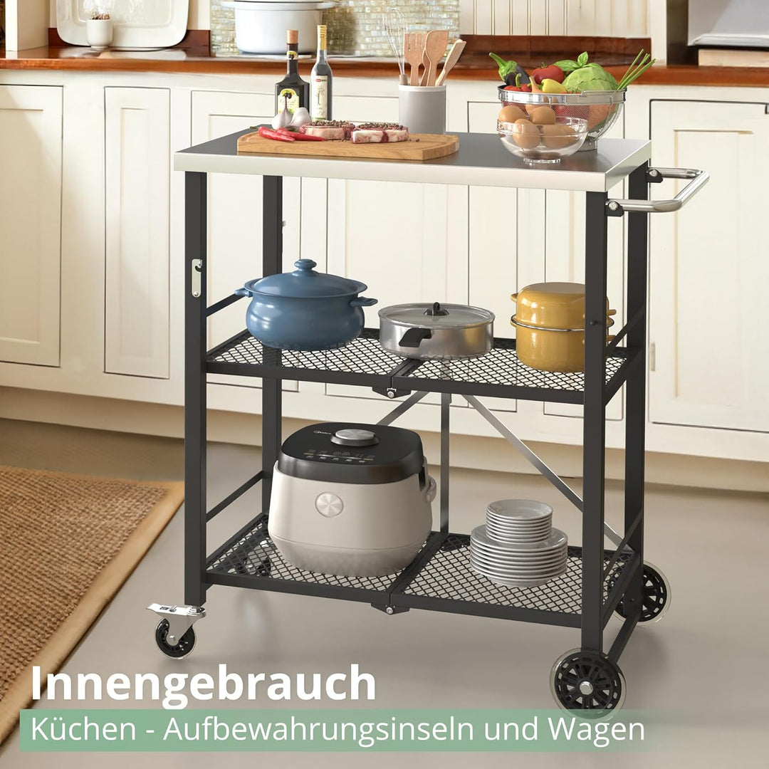 LUE BONA Grillwagen Zusammenklappbar,Grilltisch mit 2 Ablagen,Outdoorküche Beistelltisch auf Rädern,