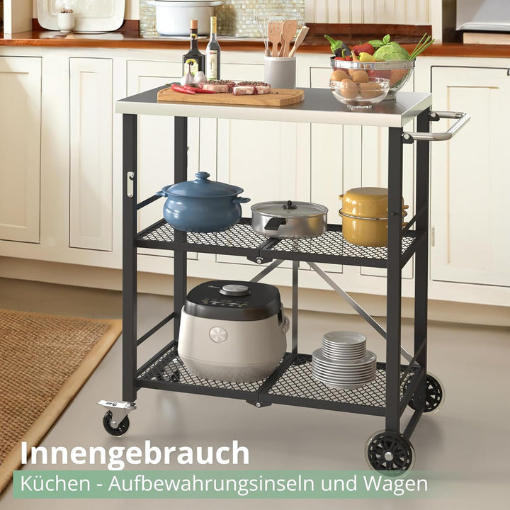 LUE BONA Grillwagen Zusammenklappbar,Grilltisch mit 2 Ablagen,Outdoorküche Beistelltisch auf Rädern,