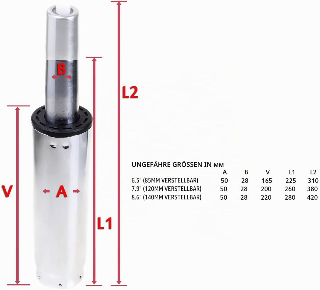 TUKA Gasdruckfeder Gaslift für Bürostuhl, Gesamtlänge 260mm - 380mm, Kolben Länge 7,9" / 200mm Ersat
