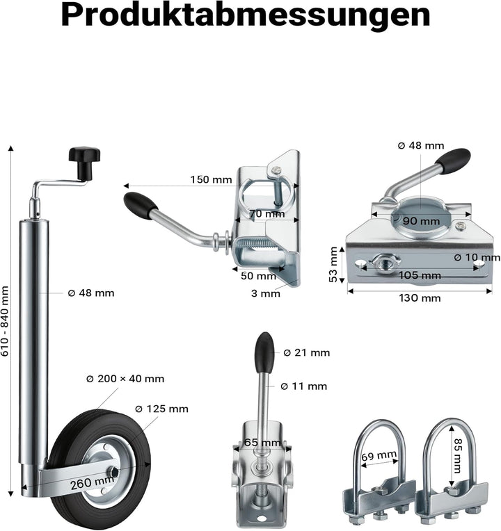 Wiltec Stützrad für Anhänger bis 362 kg ø48 mm, Bugrad inkl. Klemmhalter & Schellen, Abstellstütze m