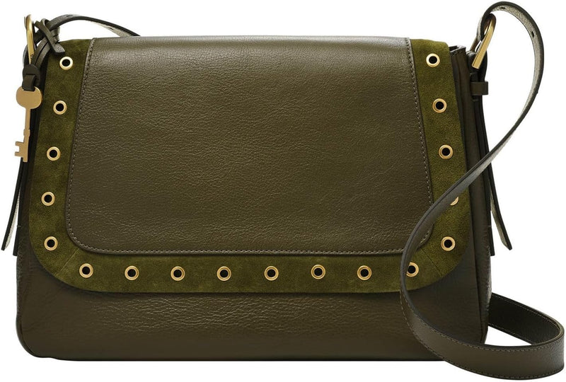 Fossil Tasche für Frauen Harper, Eco Leder/PVC, Wildlederbesatz Klappe Crossbody grün Moos 31.75cm L