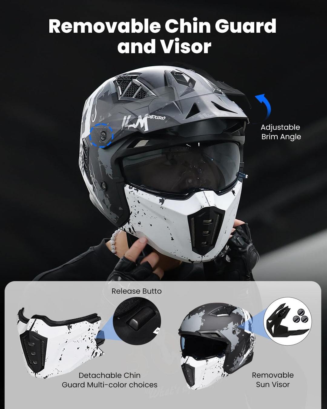 ILM Helm Motorrad Motocross Herren Damen Vintage Retro mit Visier ECE Model Z302,Schädel Matt, XL XL