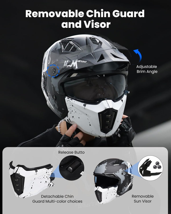 ILM Helm Motorrad Motocross Herren Damen Vintage Retro mit Visier ECE Model Z302,Schädel Matt, XL XL