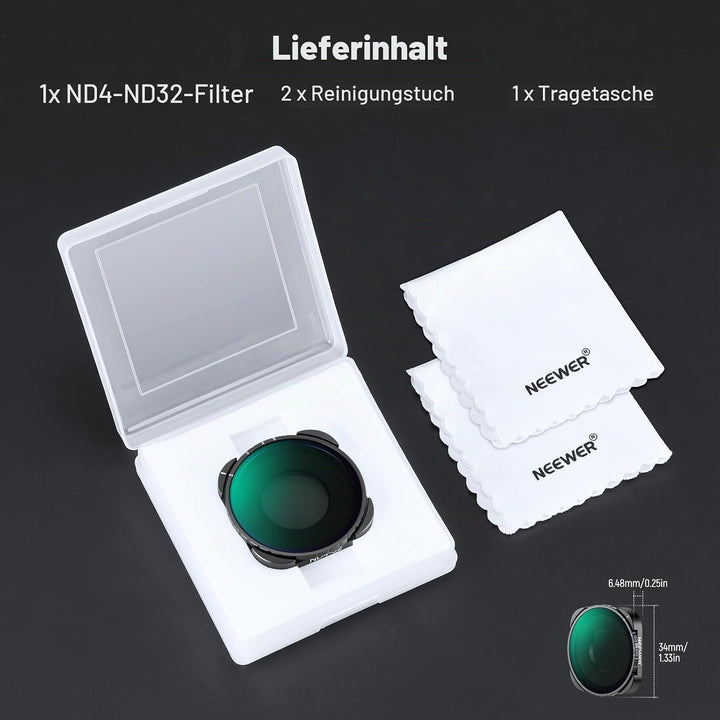 NEEWER Variabler ND Filter, kompatibel mit GoPro 13 12 11 10 9, ND4-32 2-5 Stop, aufschraubbarer Gra