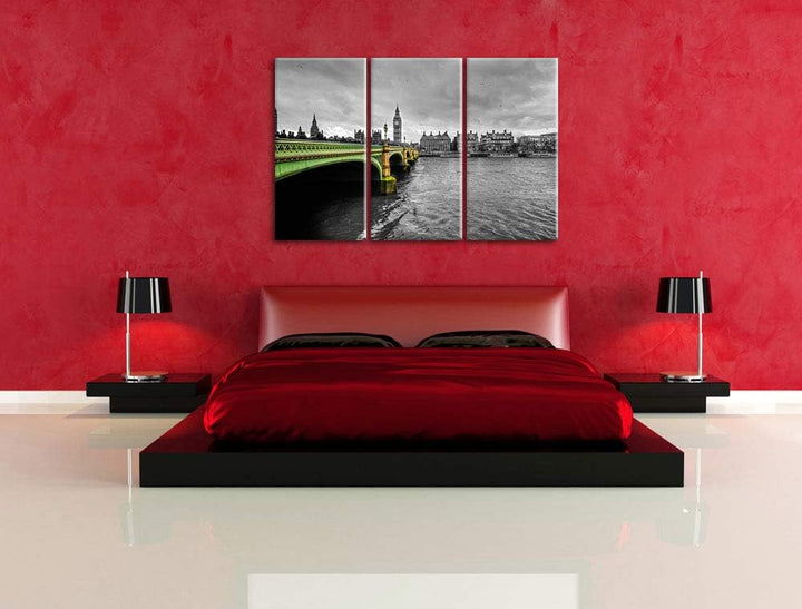 Skyline von London mit Themse und Big Ben schwarz/weiss 3-Teiler Leinwandbild 120x80 Bild auf Leinwa
