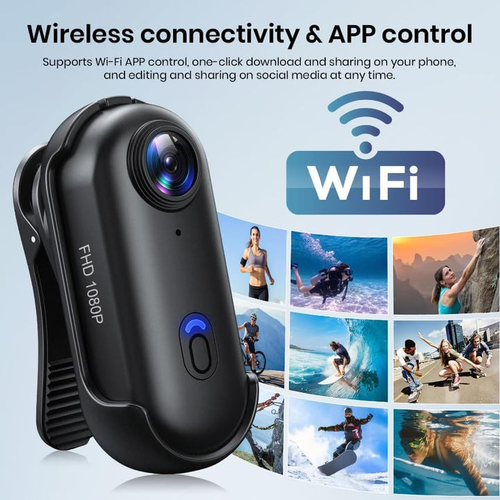 Action Cam, Mini Bodycam, POV Vlog Kamera 120° Weitwinkel, wasserdicht bis 30 m, 10+ Zubehörteile, 1