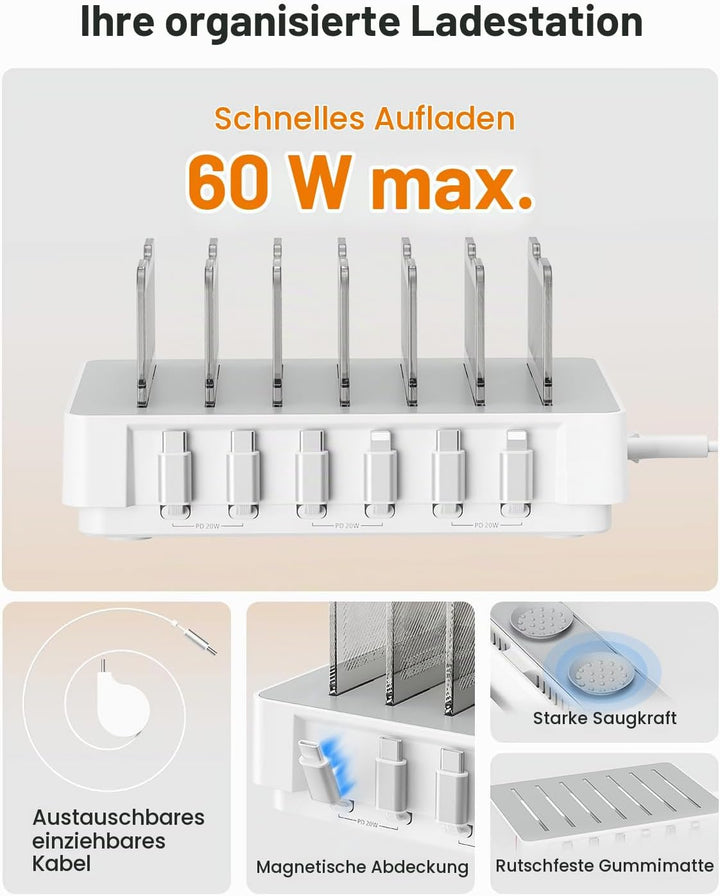 SooPii HomeHub H1 Ladestation für mehrere Geräte,verbessertes 6Port Schnellladegerät mit 6 einziehba