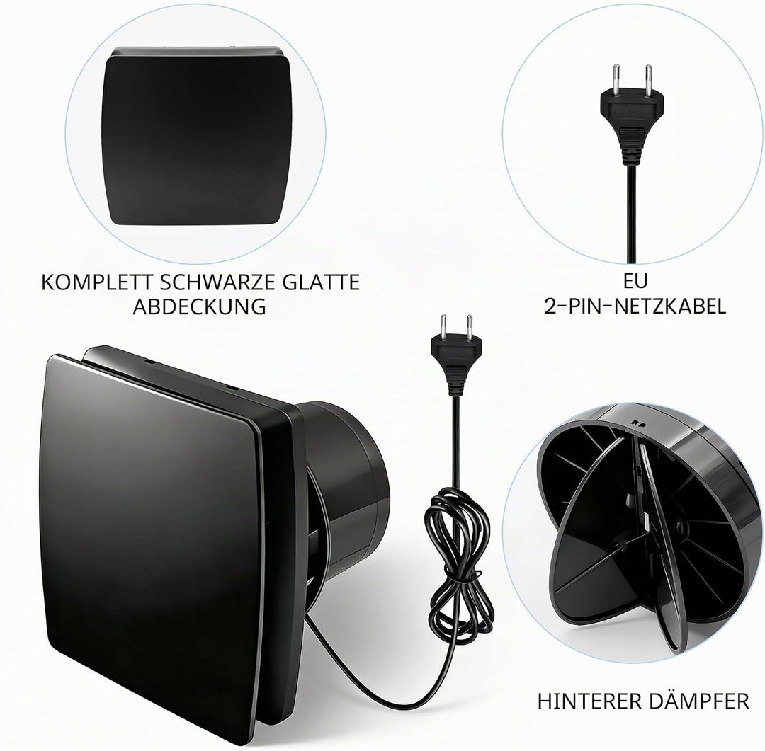 Abluftventilator Küche 100mm, 95m³/h IPX2 Leiser Schwarz Badlüfter Fensterlüfter mit Scheckventil 1m