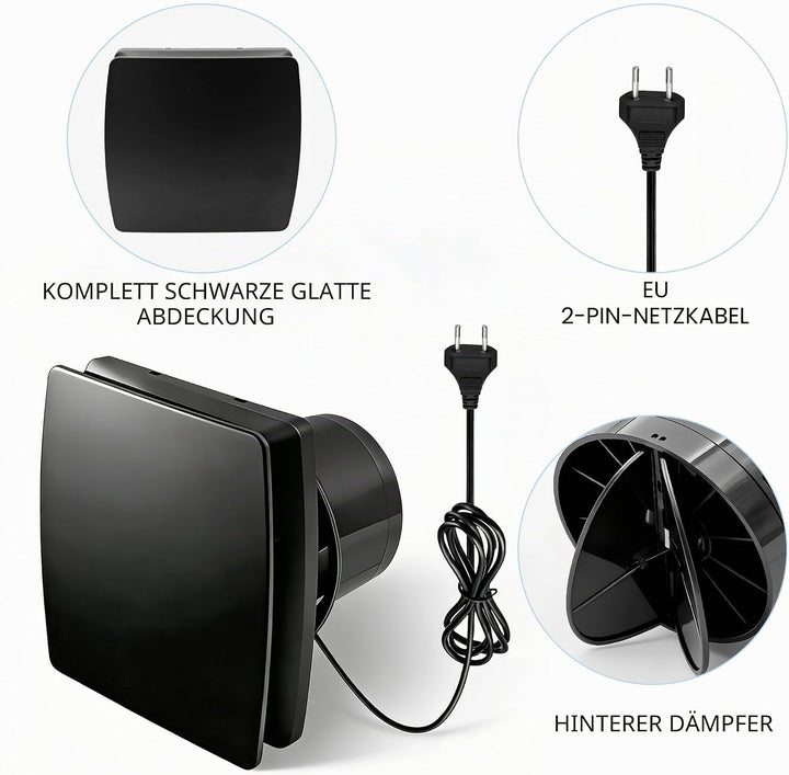 Abluftventilator Küche 100mm, 95m³/h IPX2 Leiser Schwarz Badlüfter Fensterlüfter mit Scheckventil 1m