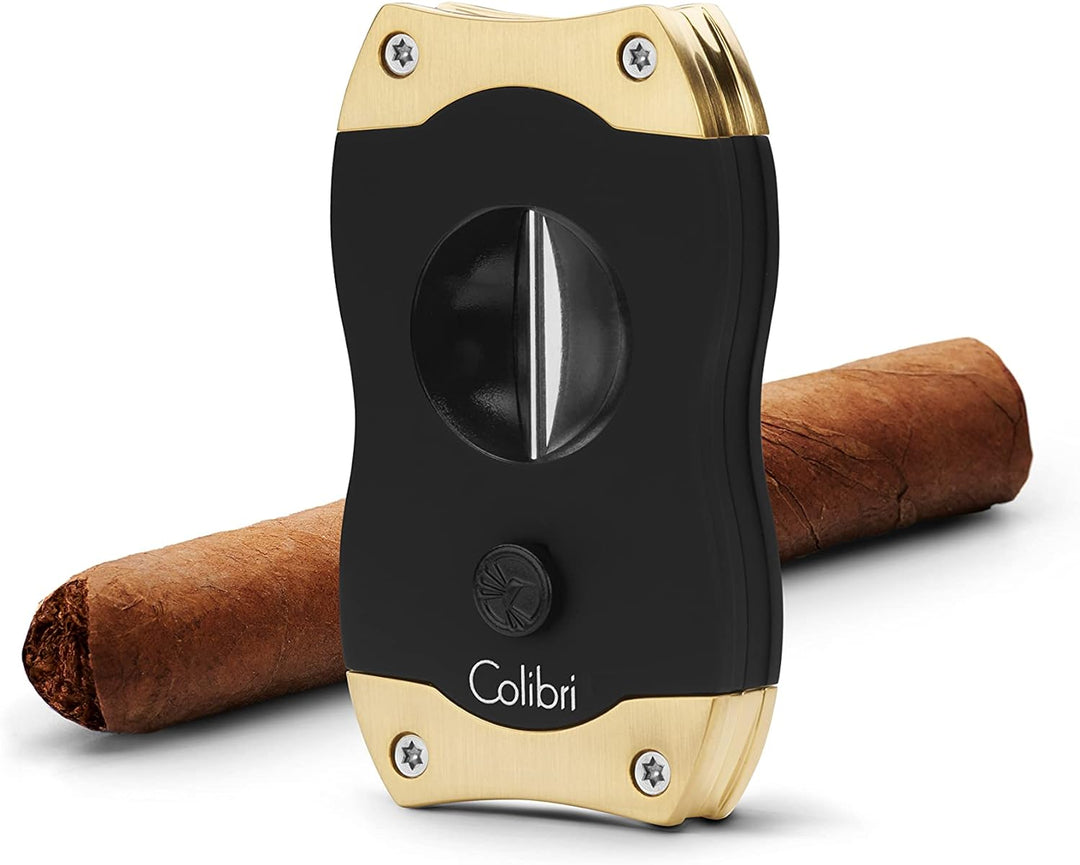 Colibri V-Cut Zigarrenschneider | Schwarz Mit Goldakzenten |Federauslöser | Tiefer 7mm V-Schnitt | B