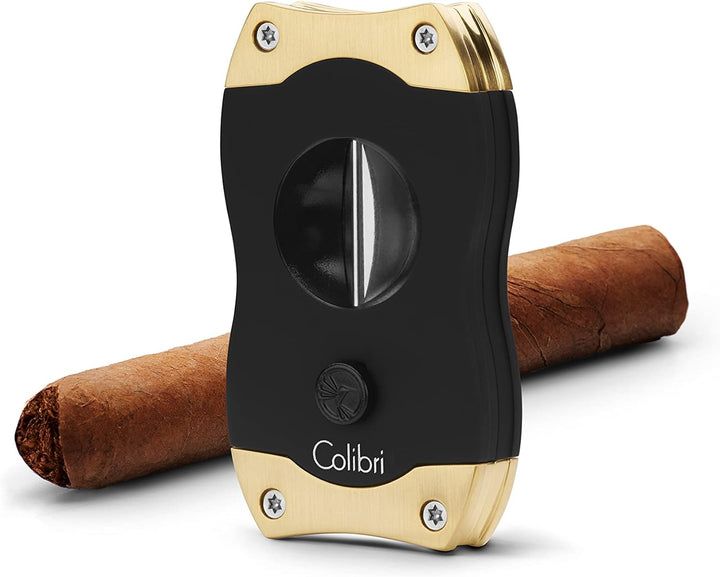 Colibri V-Cut Zigarrenschneider | Schwarz Mit Goldakzenten |Federauslöser | Tiefer 7mm V-Schnitt | B