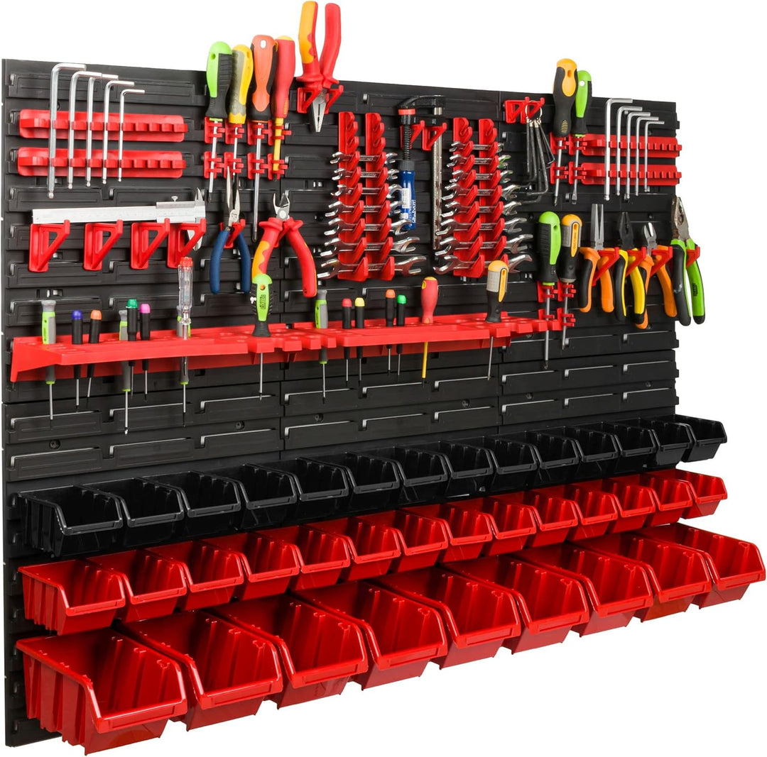 Lagersystem Werkstattregal | 117 x 78 cm | 37 stck. Box | Wandregal mit Werkzeughalterungen und Stap