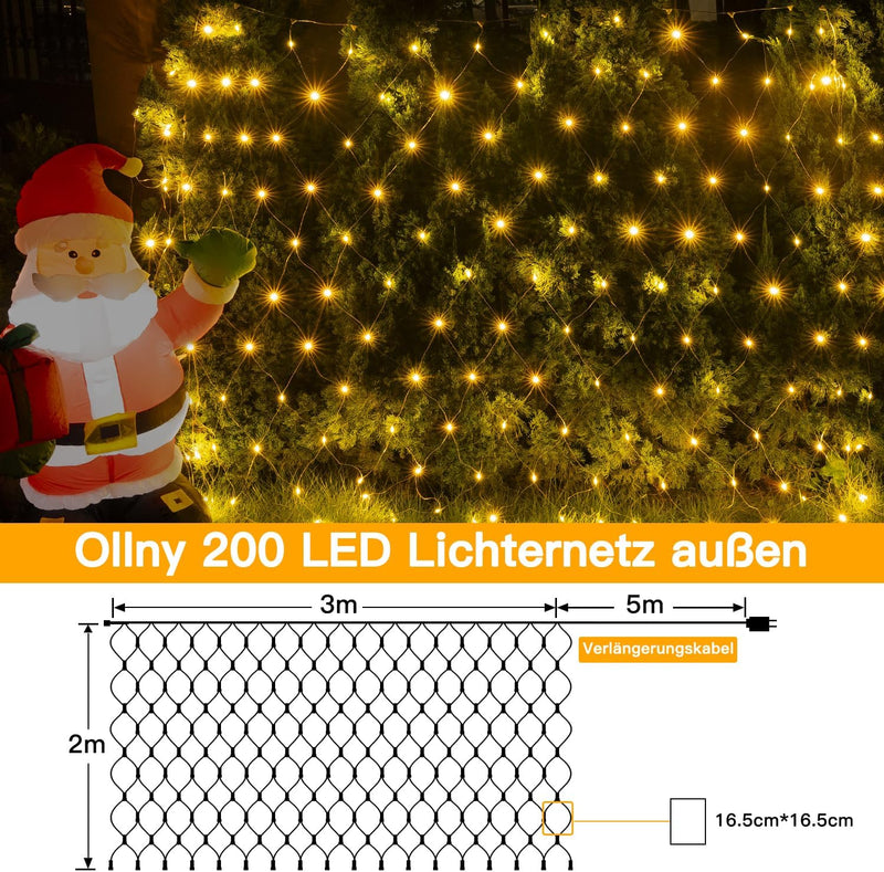 Ollny Lichternetz Aussen 3x2m 200 LED Lichterkette Aussen Warmweiss IP67 Wasserdicht Weihnachtsbeleu