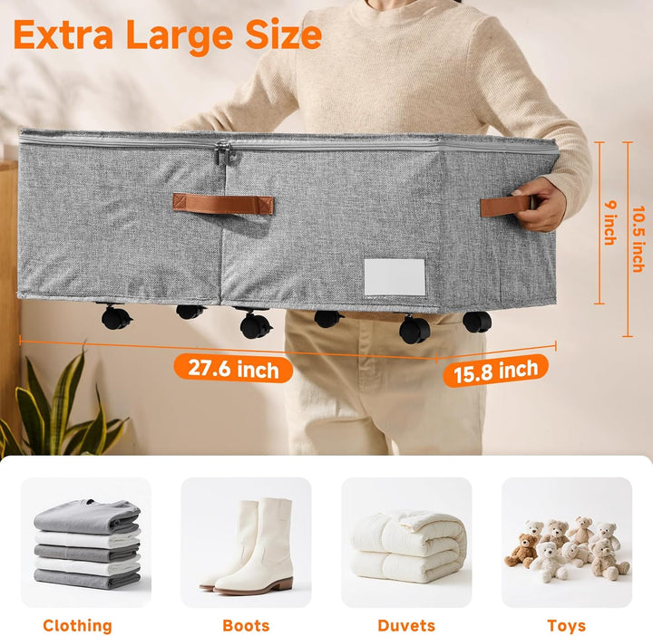 2er-Set Grosse Unterbett-Aufbewahrung mit Rädern, 60 Liter Volumen - 26,5 cm Höhe (10,5 Zoll) - Grau
