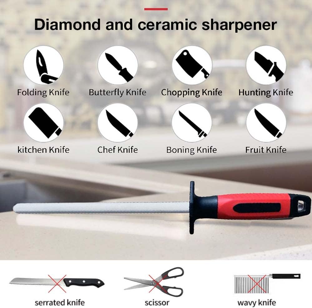 RGBS Messerschärfer, 25,4 cm Keramik-Schleifstab mit Diamantstein, Rot, für Zuhause, Küche, Messer,