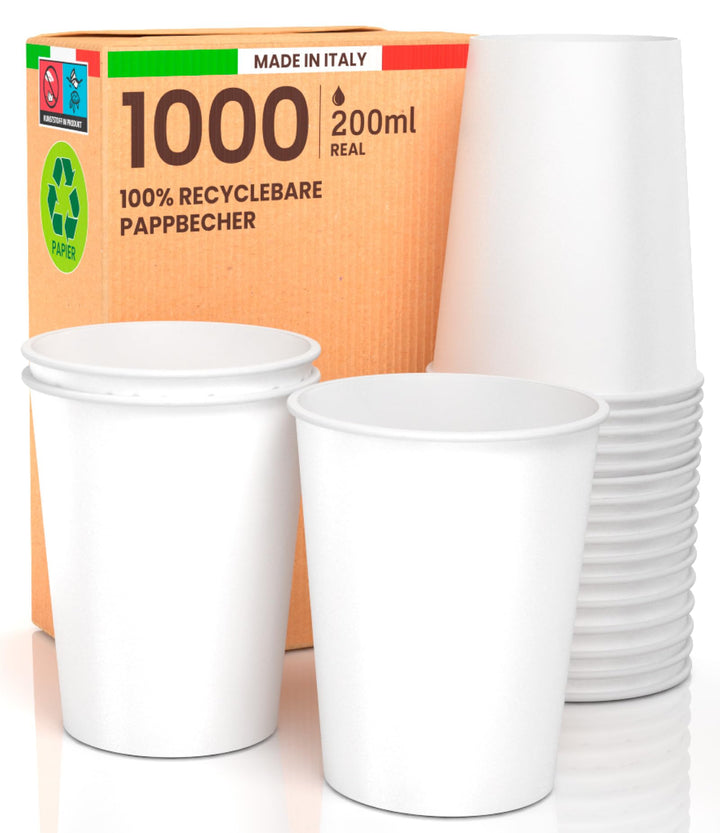 1000 Weisse Pappbecher | Frischfaser mit Beschichtung | Umweltfreundlich & recyclingfähig | Für Heis