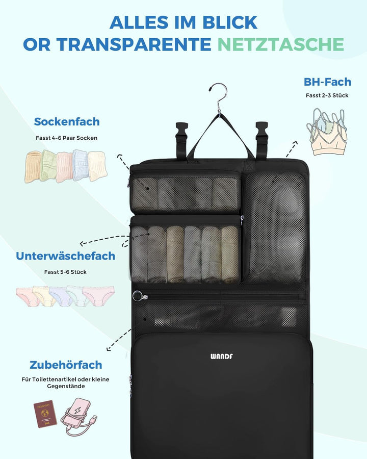 WANDF 6-in-1 Packing Cubes Koffer Organizer mit 360°-Aufhängehaken, Wasserabweisende Packwürfel Komp