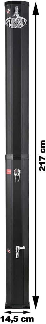 Strattore Solardusche für Garten in schwarz, 35 Liter, 217cm, warmes Wasser bis 60° C, mit Fussdusch