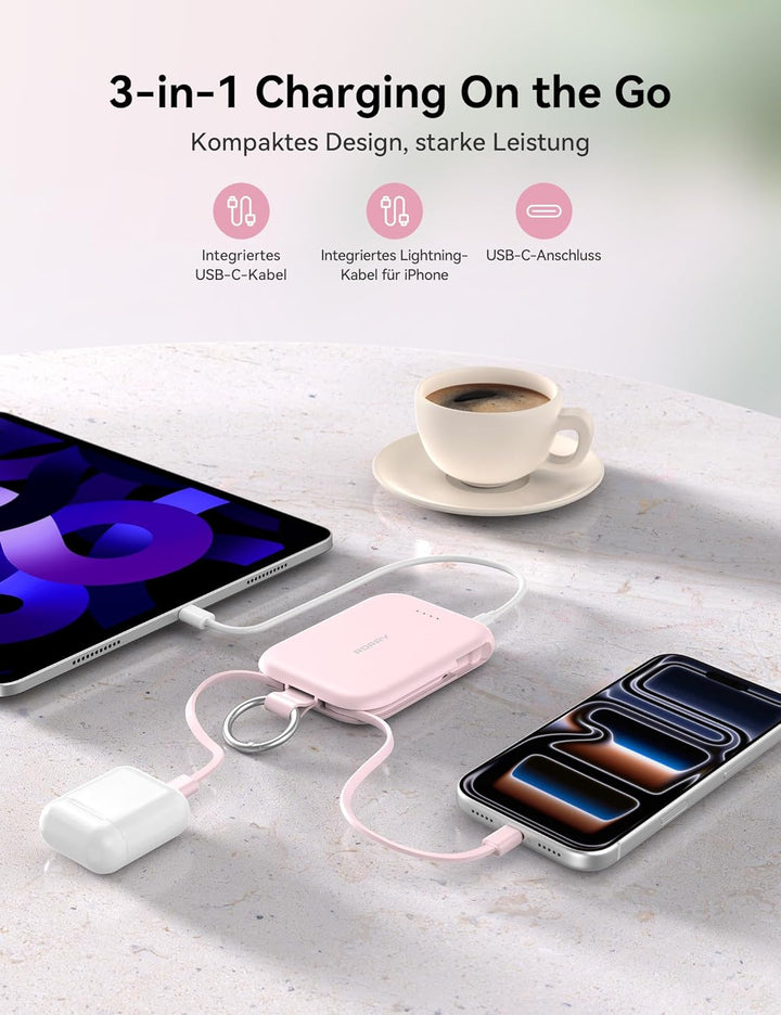 RORRY CharmGo Powerbank,5000mAh Power Bank mit Integriertem USB C Kabel | Tragbarer Externer Akku mi