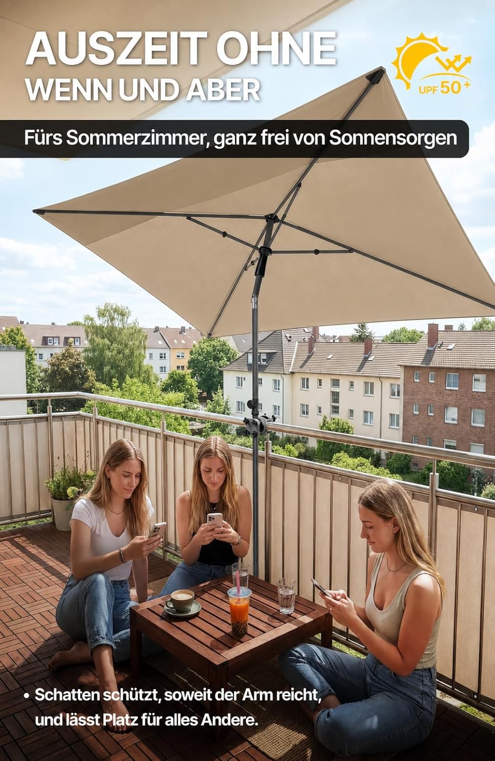 4smile SunnyShade Balkonschirm Rechteckig 210x140 cm, Sonnenschirm Balkon mit UPF 50+, Sonnenschutz